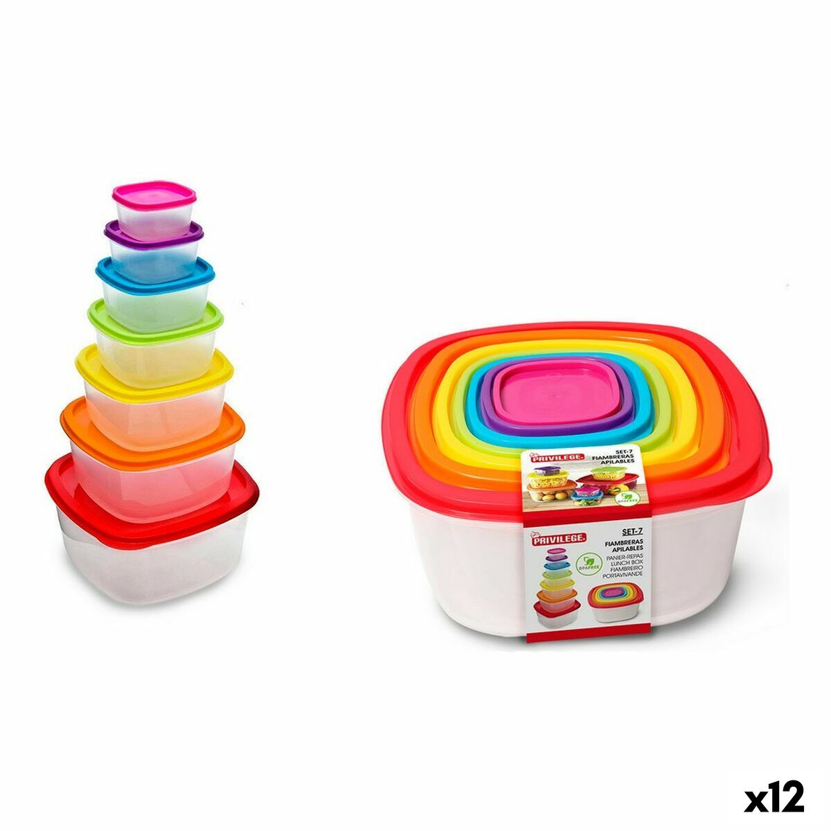 Set Lunchboxen Privilege Multicolour Stapelbaar Vierkant 7 Onderdelen (12 Stuks)