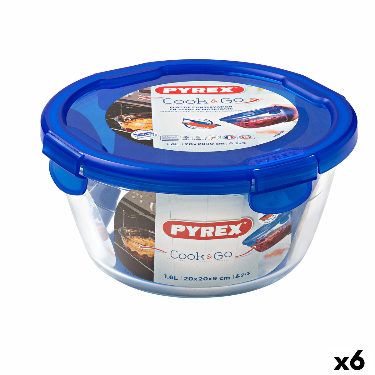 Hermetische Lunchtrommel Pyrex Cook & Go 20 x 20 x 10,3 cm Blauw 1,6 L Glas (6 Stuks)